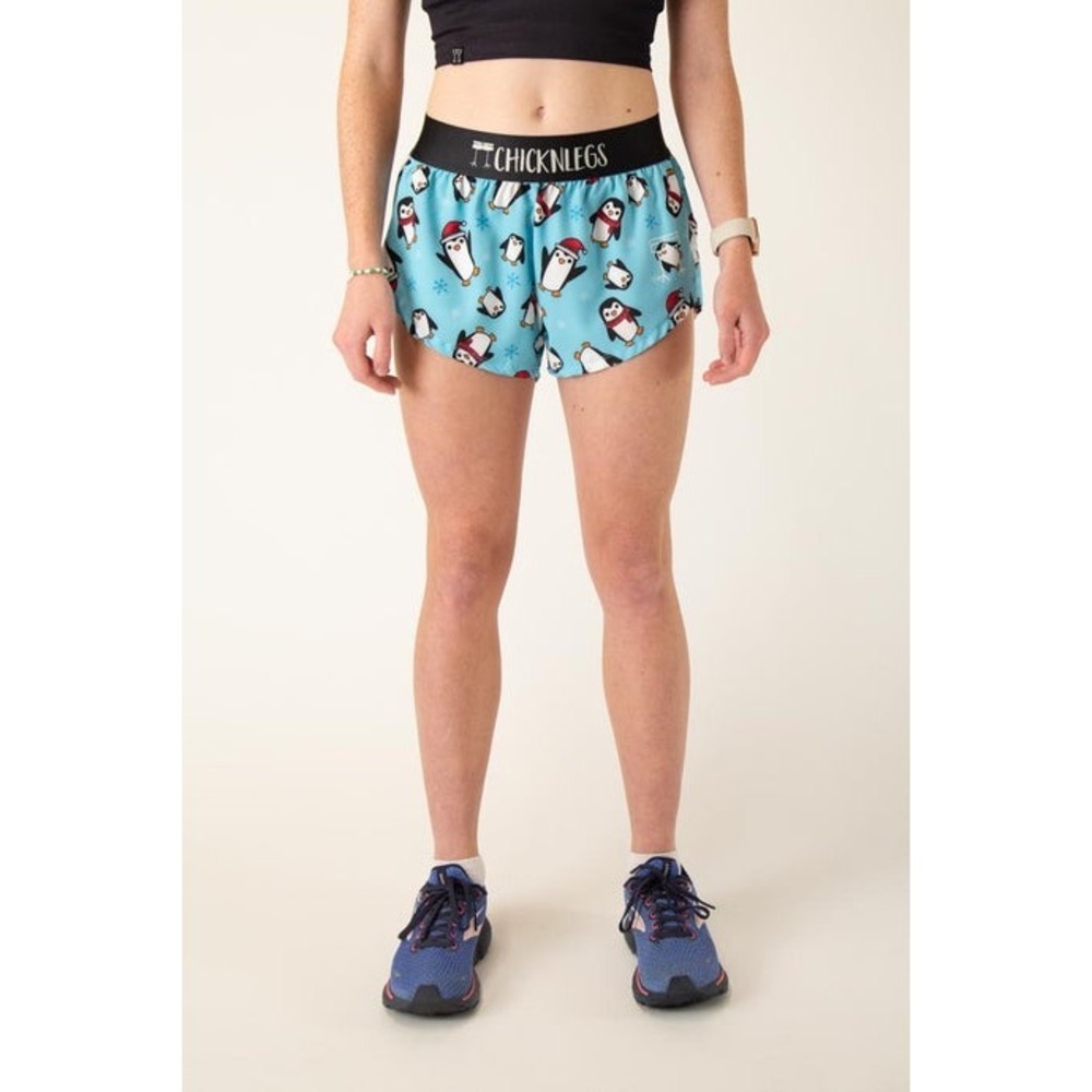 ChicknLegs Womens Penguin Print Running Shorts Blue Holiday Christmas Size L